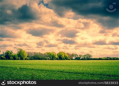 Countryside scenery with dark clouds over a field