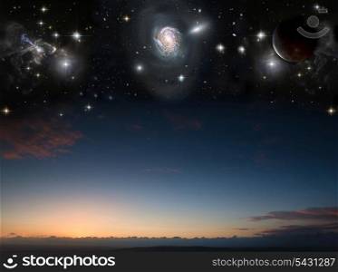Countryside sunset landscape with planets in night sky Elements of this image furnished by NASA.gov