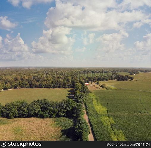 Countryside with farm fields and a dirt road. Aerial view.Summer landscape.