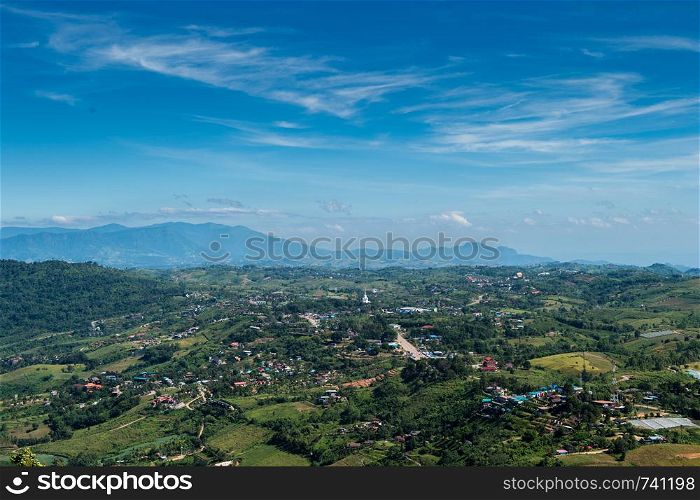 Countryside with mountain and blue sky landscape
