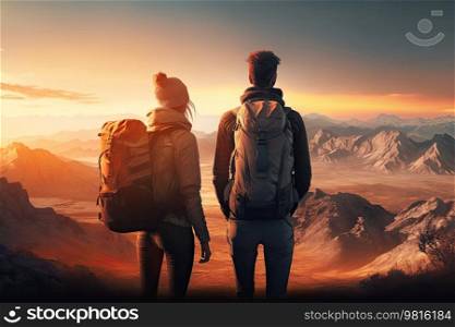 Couple against mountain background. Illustration AI Generative