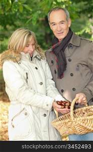Couple collecting chestnuts in basket