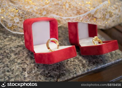 Couple diamond rings in red velvet box, for love or valentine concept.&#xA;