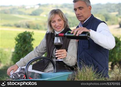 Couple drinking wine in vineyard