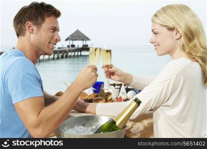 Couple Enjoying Meal In Seafront Restaurant
