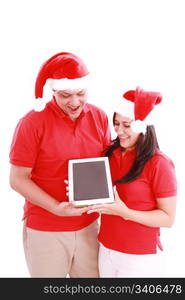 Couple enjoying their new touchpad on christmas