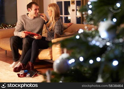Couple Exchanging Gifts By Christmas Tree