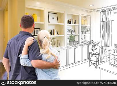 Couple Facing Book Shelf Built-in Drawing Gradating To Photo.