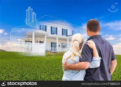 Couple Facing Ghosted House Drawing and Photo Over Green Landscape.