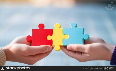 Couple family hands holding blank and empty space jigsaw puzzle