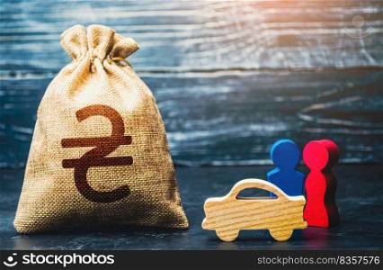 Couple figurines and ukrainian hryvnia money bag. Wealth and earnings level. Social research, consumer preferences. Transport policy. Marketing and targeting. Demographic grant. Investments