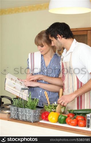 Couple following a recipe book