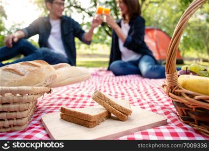 Couple / friends drinking a juice with picnic in holiday