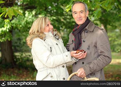 Couple gathering conkers
