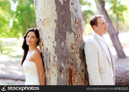 Couple happy in love at park green outdoor tree