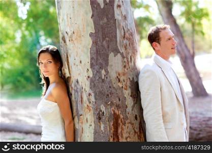 Couple happy in love at park green outdoor tree