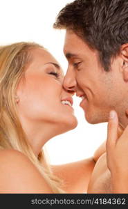 couple has fun and joy. love, eroticism and tenderness in everyday life.