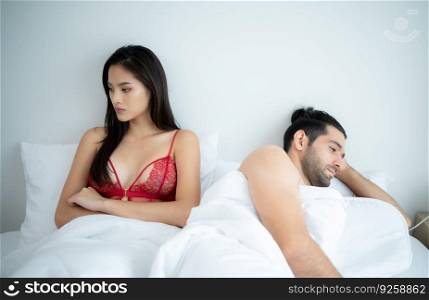 Couple in bed unhappy in sex It&rsquo;s a relationship problem in a married life. The concept of erectile dysfunction, causes of divorce