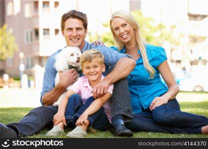 Couple in city park with young son and dog