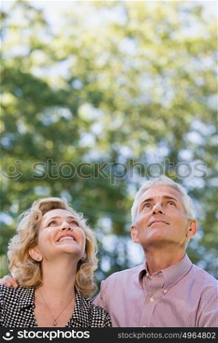 Couple in forest looking up
