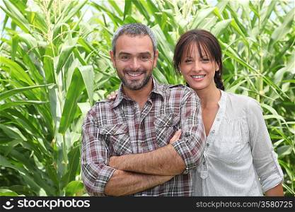 Couple in front of corn plants
