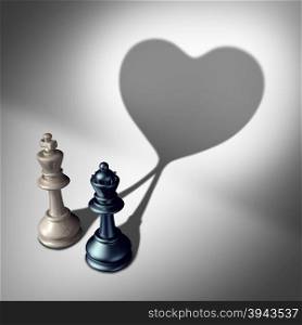 Couple in love as a valentine&rsquo;s day concept as a white king and black queen chess piece casting a united cast shadow coming together in a romantic relationship as a symbol for happy romance and emotional attraction.