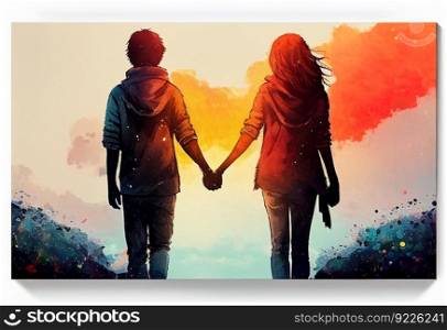 Couple in love holding hands banner illustration. AI generative.