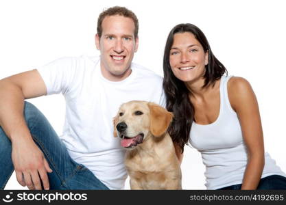 couple in love with puppy dog golden retriever isolated on white