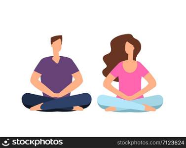 Couple in meditation. Young man, woman relaxing and meditating in yoga pose. Harmonious family relations and friendship vector concept. Meditation woman man, female and male relaxation illustration. Couple in meditation. Young man, woman relaxing and meditating in yoga pose. Harmonious family relations and friendship vector concept