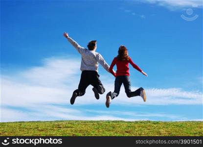 Couple jump in the meadow. Conceptual design.