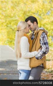 Couple kissing in park during autumn