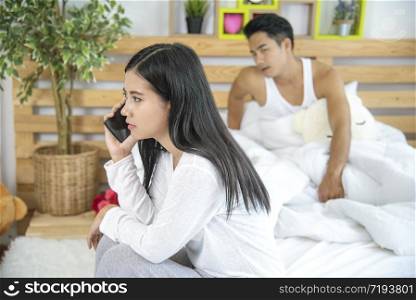 Couple lover problem sexual love life relationship. Unhappy and upset adulterous trouble marriage for depressed couple. Girlfriend sit on bed cry upset quarrelling conflict. Problem sexual concept