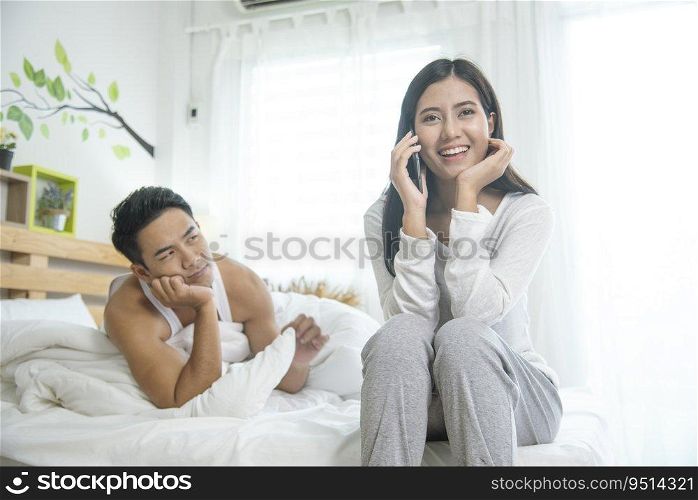 Couple lover problem sexual love life relationship. Unhappy and upset adulterous troubled marriage for depressed couple. Girlfriend sit on bed call to cheating affair somebody boyfriend. Love problem