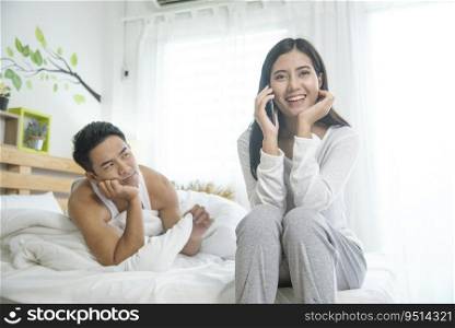 Couple lover problem sexual love life relationship. Unhappy and upset adulterous troubled marriage for depressed couple. Girlfriend sit on bed call to cheating affair somebody boyfriend. Love problem