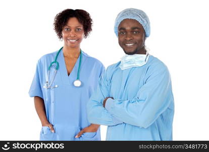 Couple of African American doctors a over white background