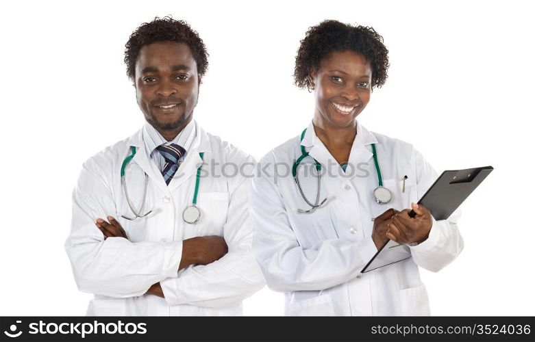Couple of African American doctors a over white background