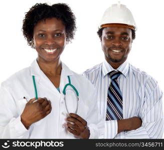 Couple of african americans doctor and engineer a over white background