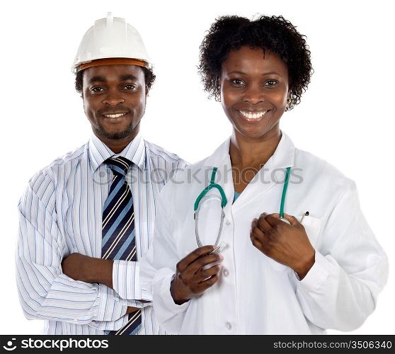 Couple of african americans doctor and engineer a over white background