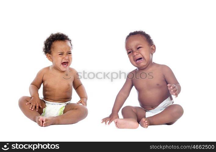 Couple of african children crying isolated on a white background
