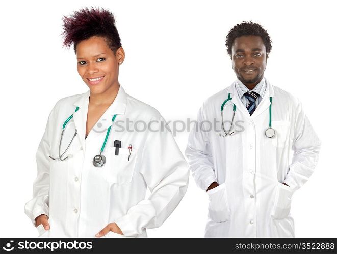 Couple of african doctors isolated on white background