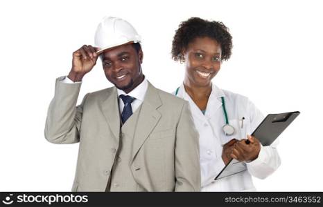 Couple of african workers isolated over white