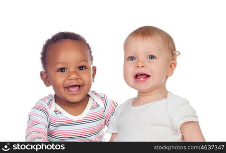 Couple of Babies African and Caucasian laughing on white background