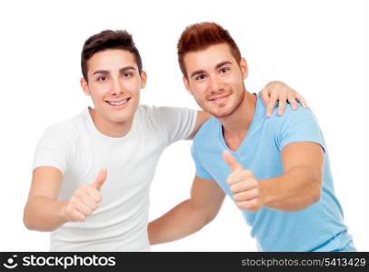 Couple of best friends saying Ok isolated on a white background