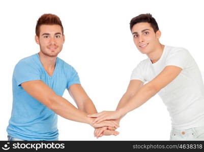 Couple of best friends shaking hands isolated on a white background