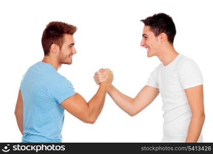 Couple of best friends shaking hands isolated on a white background