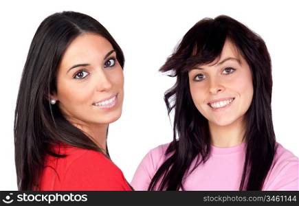 Couple of brunette girls isolated on a over white background