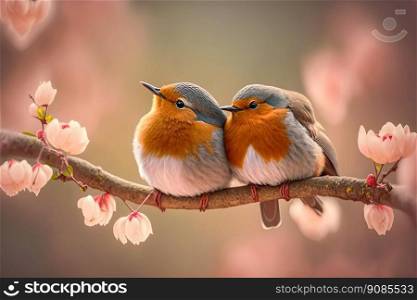 Couple of budgies birds on a branch. Love concept. Generative AI