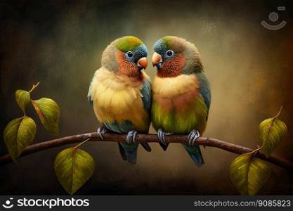 Couple of budgies birds on a branch. Love concept. Generative AI