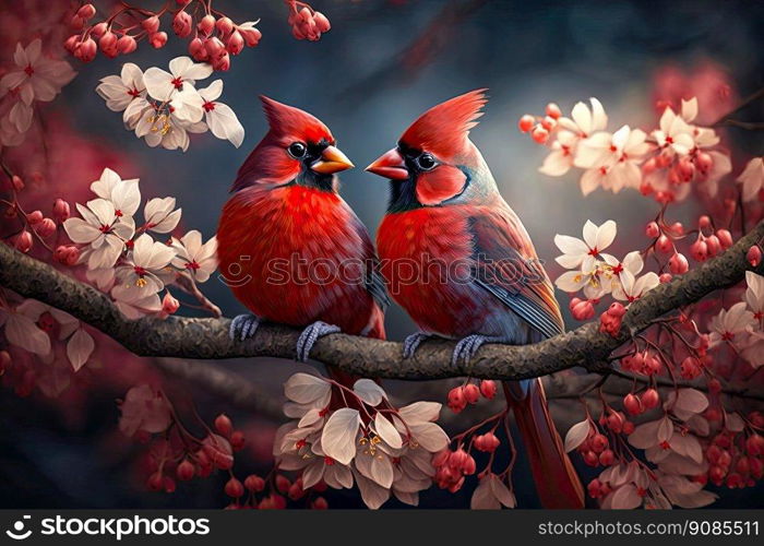 Couple of cardinal birds on a branch. Love concept. Generative AI