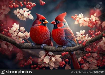 Couple of cardinal birds on a branch. Love concept. Generative AI